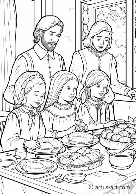 Ausmalbild: Pilgerfamilie beim Thanksgiving-Fest